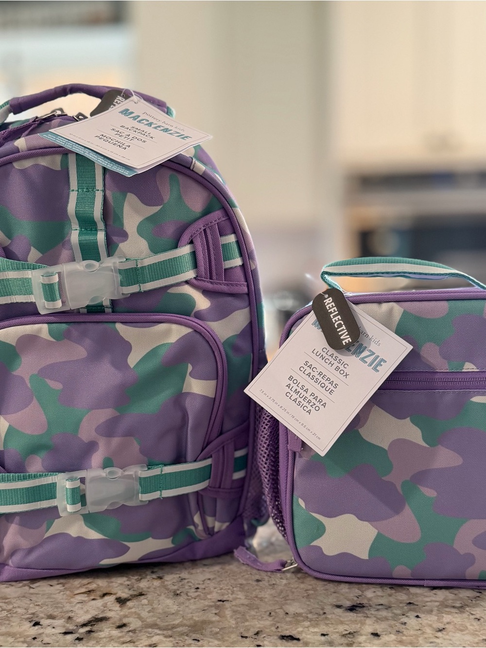 Pottery Barn Kids Mackenzie Purple Camo Backpack & Lunch Box Set. EMP